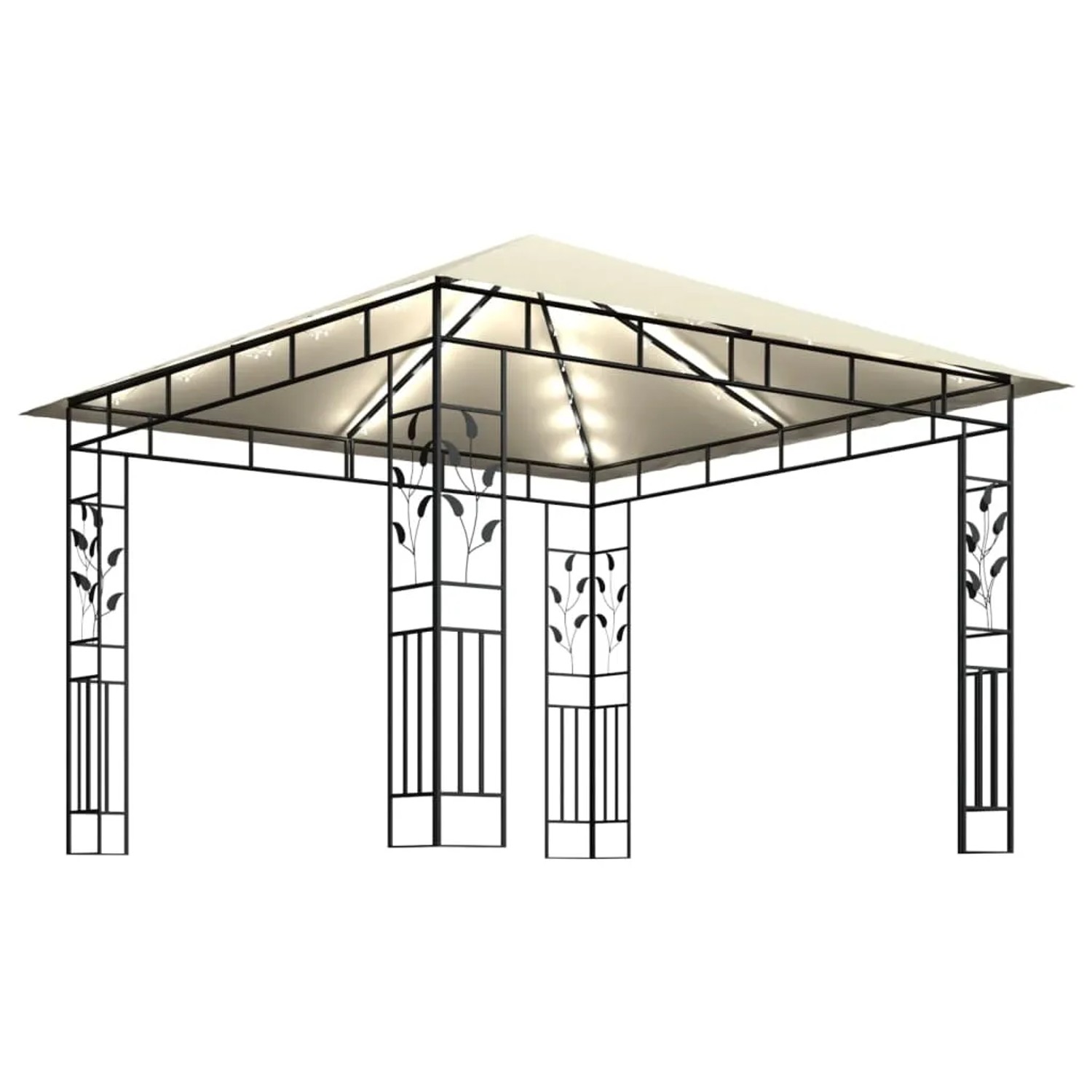 Cremeweißer vidaXL Pavillon 3x3m mit Moskitonetz und LED-Lichterkette für Garten & Terrasse.