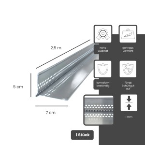 Silberne Aluminium Kiesfangleiste mit Tropfkante, 2,5m lang, 5cm hoch, gelocht. Korrosionsbeständig für Dachbleche & Terrassen.