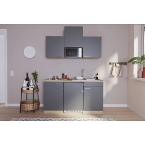 Respekta Küchenzeile KB150ESGMI, 150 cm, Grau und Eiche Sägerau Nachbildung mit E-Geräten.