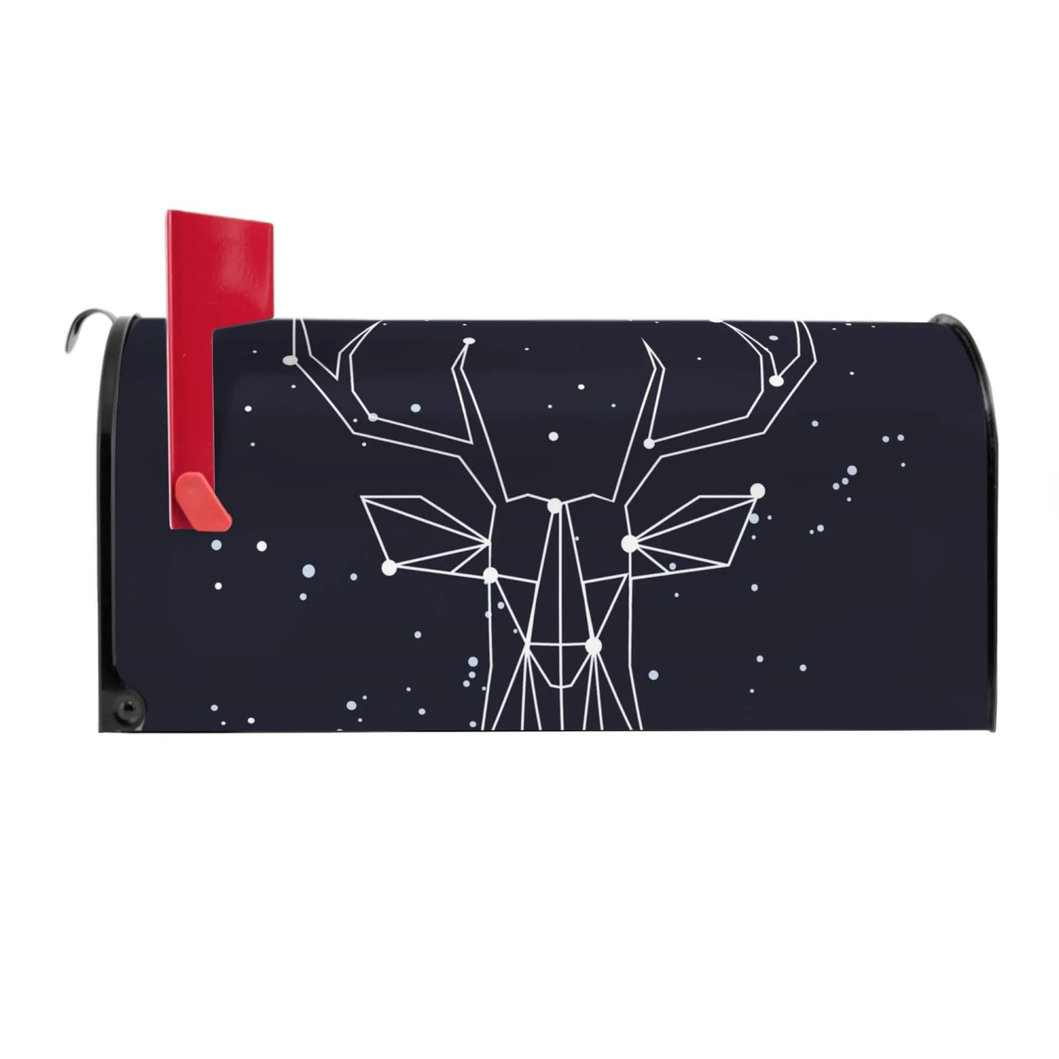 Schwarzer Banjado US Briefkasten mit Hirsch Sternbild Motiv und roter Fahne.