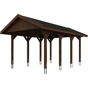 Satteldach-Carport Wallgau in Nussbaum mit schwarzen Dachschindeln, stabile Holzkonstruktion.