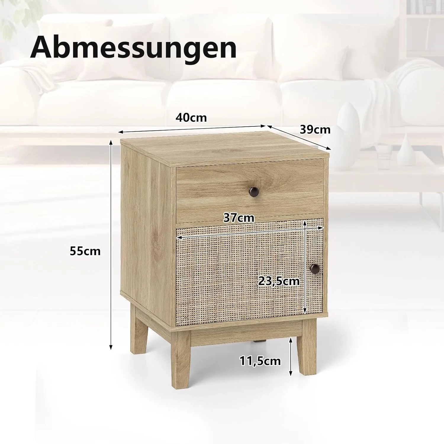 Nachttisch Rattan Natur mit Schublade und Schrank, 40x39x55 cm. Boho-Stil aus Holz.