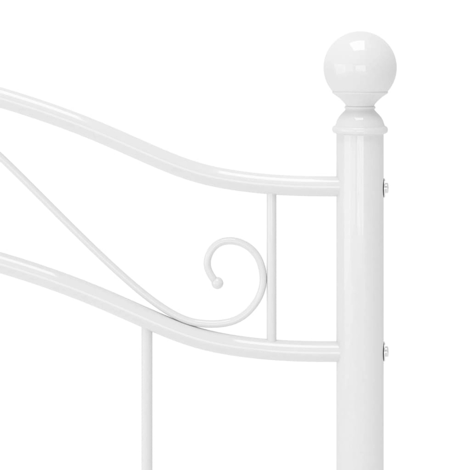 Detailansicht: Weißes Metallbett, 90x200 cm, mit dekorativem Kopfteil.