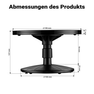 Maßzeichnung der schwarzen Wiltec Airbrush Drehscheibe: Ø190mm Teller, 127mm Höhe. Höhenverstellbares Lackierzubehör.