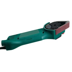 LUX Bandschleifer, grünes Elektrowerkzeug zum Schleifen von Oberflächen, Detailansicht.