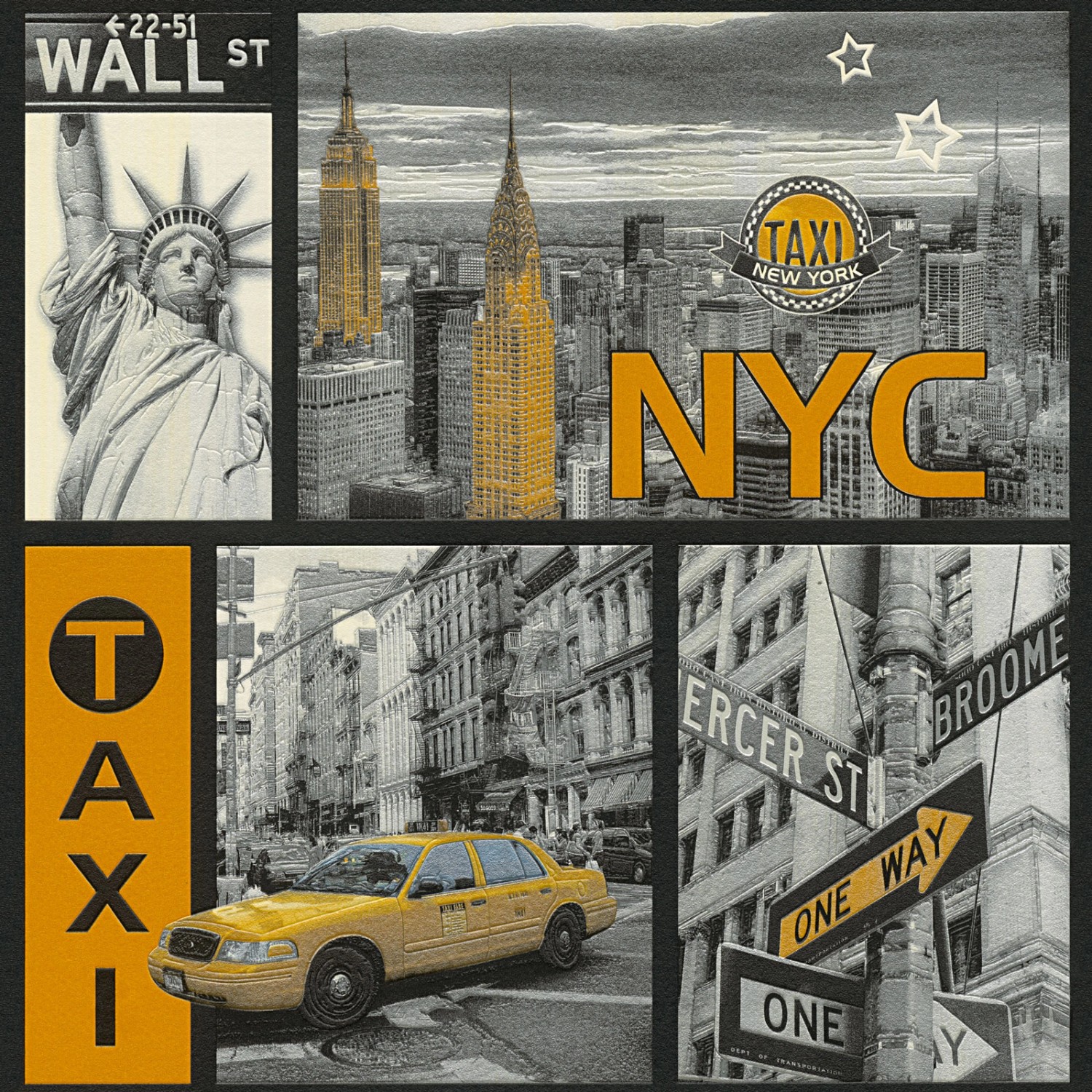 Bricoflor New York Tapete Kinderzimmer Papier Kindertapete Schwarz Gelb Coole Tapeten für Jungs und Teenager mit Taxi und Wolkenkratzer