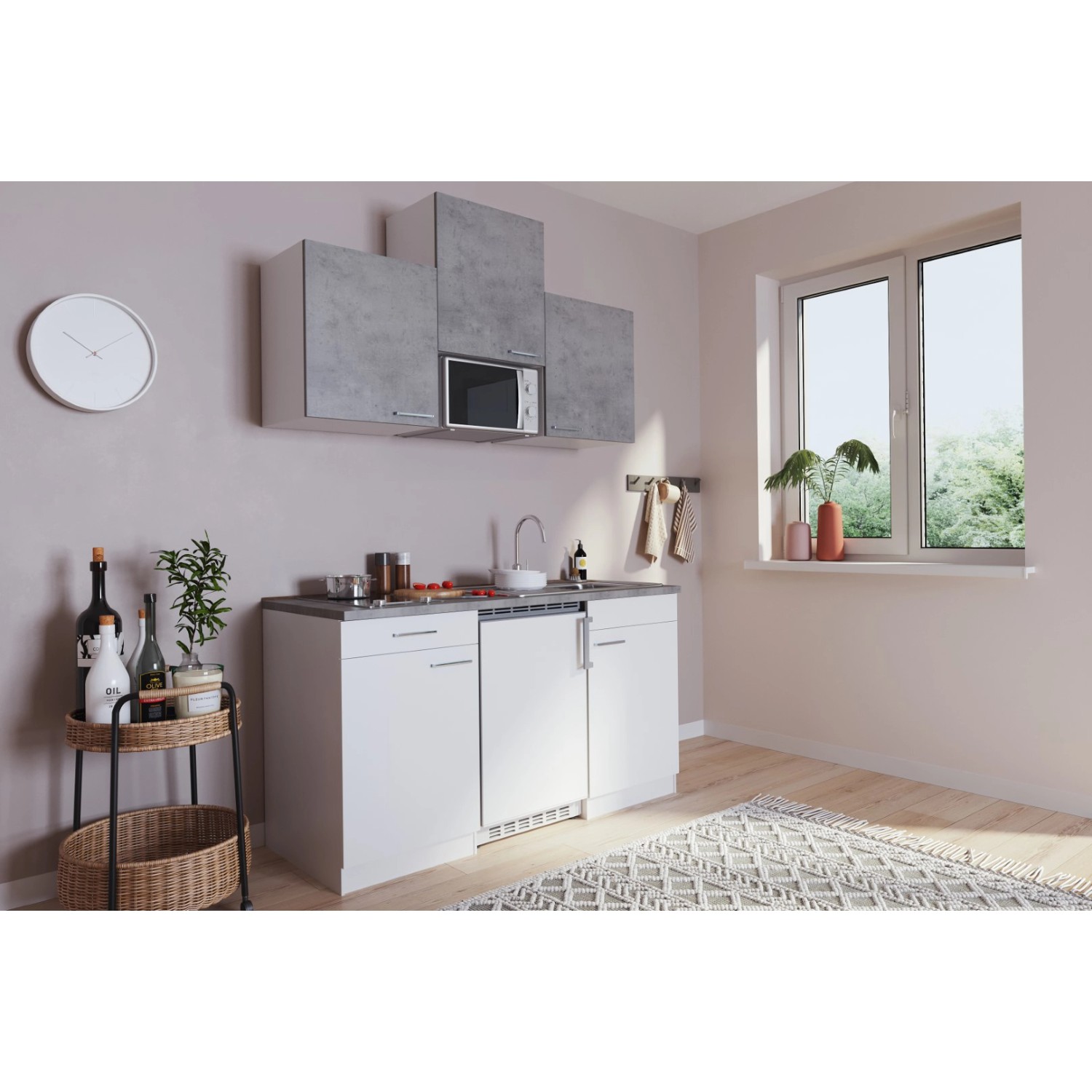 Respekta Küchenzeile KB150WWBMICG, 150 cm, Weiß/Beton Optik mit Kühlschrank, Kochfeld, Spüle und Mikrowelle.