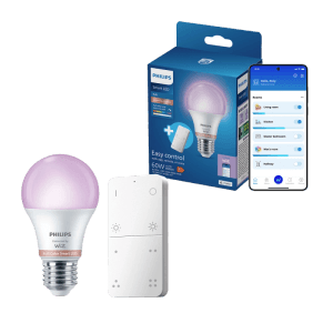 Philips Smart LED Lampe E27 RGB leuchtet lila, mit Fernbedienung und App-Steuerung. Bietet Millionen Farben.