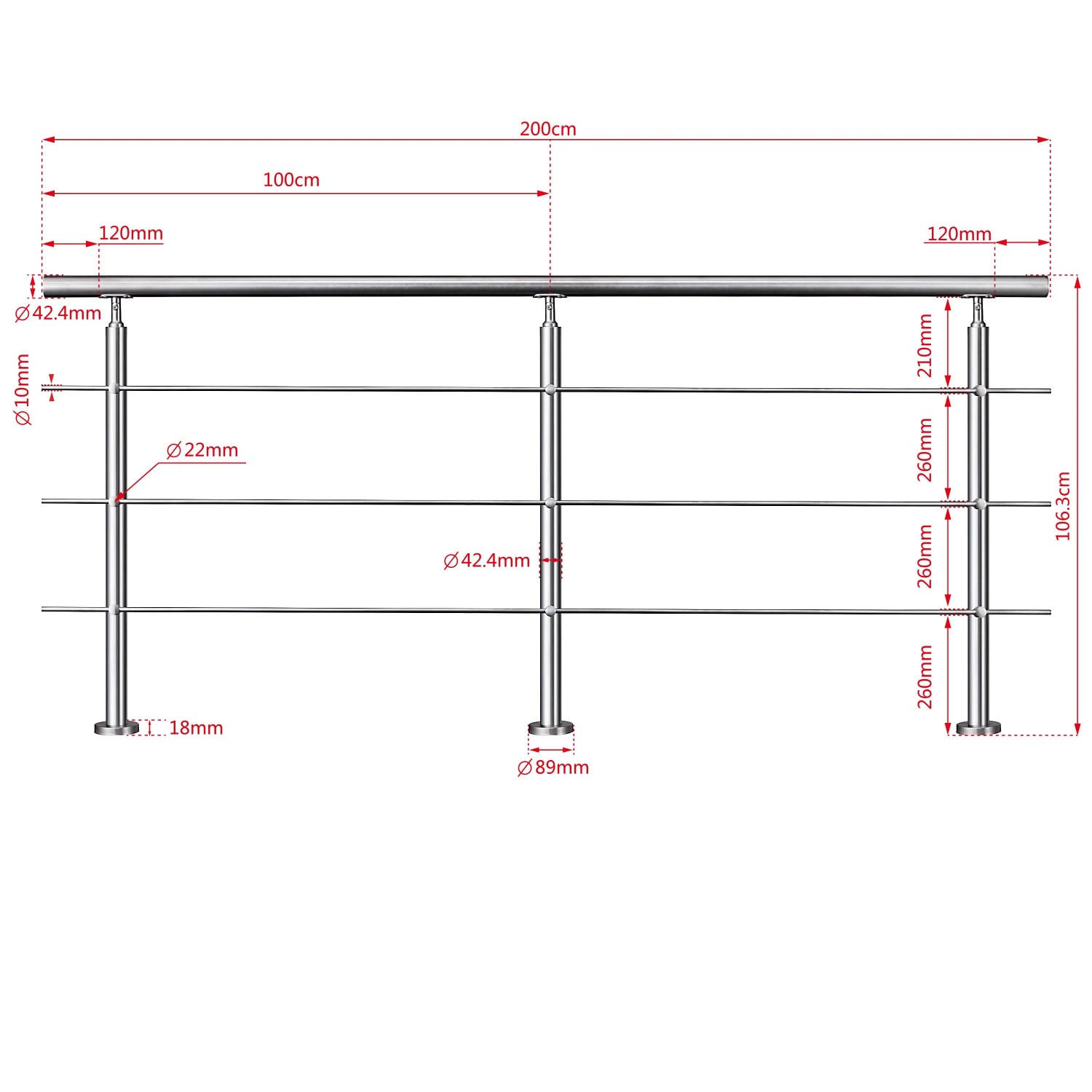 Duschparadies Edelstahlgeländer V2A 200 cm mit 3 Querstäben: Technisches Diagramm mit Maßen für Treppen & Geländer Zubehör.