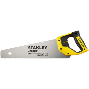 Stanley Jetcut Handsäge Fein, 380 mm, mit gelb-schwarzem Griff. Ideal für feine Holzschnitte.