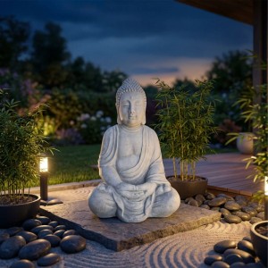 Relaxdays Buddha Figur Polyresin Hellgrau Wetterfest 71 cm x 49 cm x 34 cm