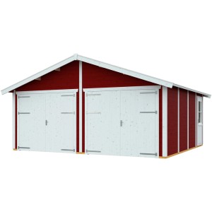 Skan Holz Garage Varberg, 570x525 cm, Schwedenrot, mit Doppeltor und Einzeltür.
