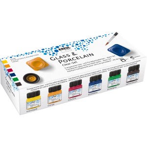 Kreul Glas- und Porzellanmalfarben Clear Set mit 6 Farben und Pinsel.