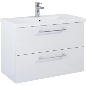 Maximus Waschbeckenunterschrank Cheese, 80 cm, weiß hochglanz mit 2 Schubladen und chromfarbigen Griffen.