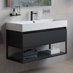 pianura Waschtisch mit Unterschrank Giulia Sirius Black, 100 cm, mit Hahnloch. Einzelwaschtisch mit Stauraum.