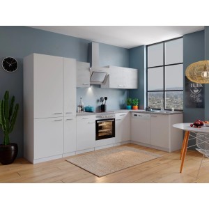 Respekta Winkelküche in Weiß und Beton-Optik mit E-Geräten und viel Stauraum.