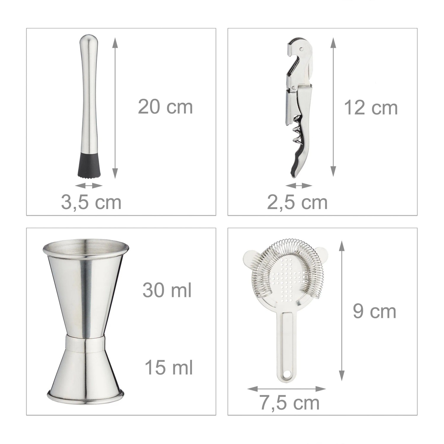 Relaxdays Cocktailset 16-teilig Edelstahl Bambus Silber mit Ständer 1,2 kg_5