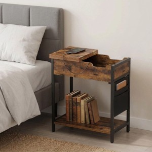 Relaxdays Beistelltisch MDF Eisen Vintagebraun Mit Steckdose 60 cm x 60 cm x 31,5 cm