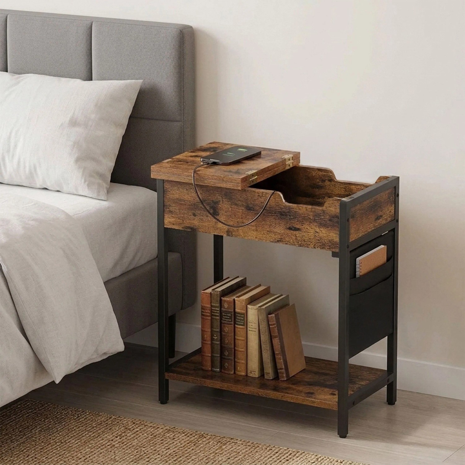 Relaxdays Beistelltisch MDF Eisen Vintagebraun Mit Steckdose 60 cm x 60 cm x 31,5 cm_2