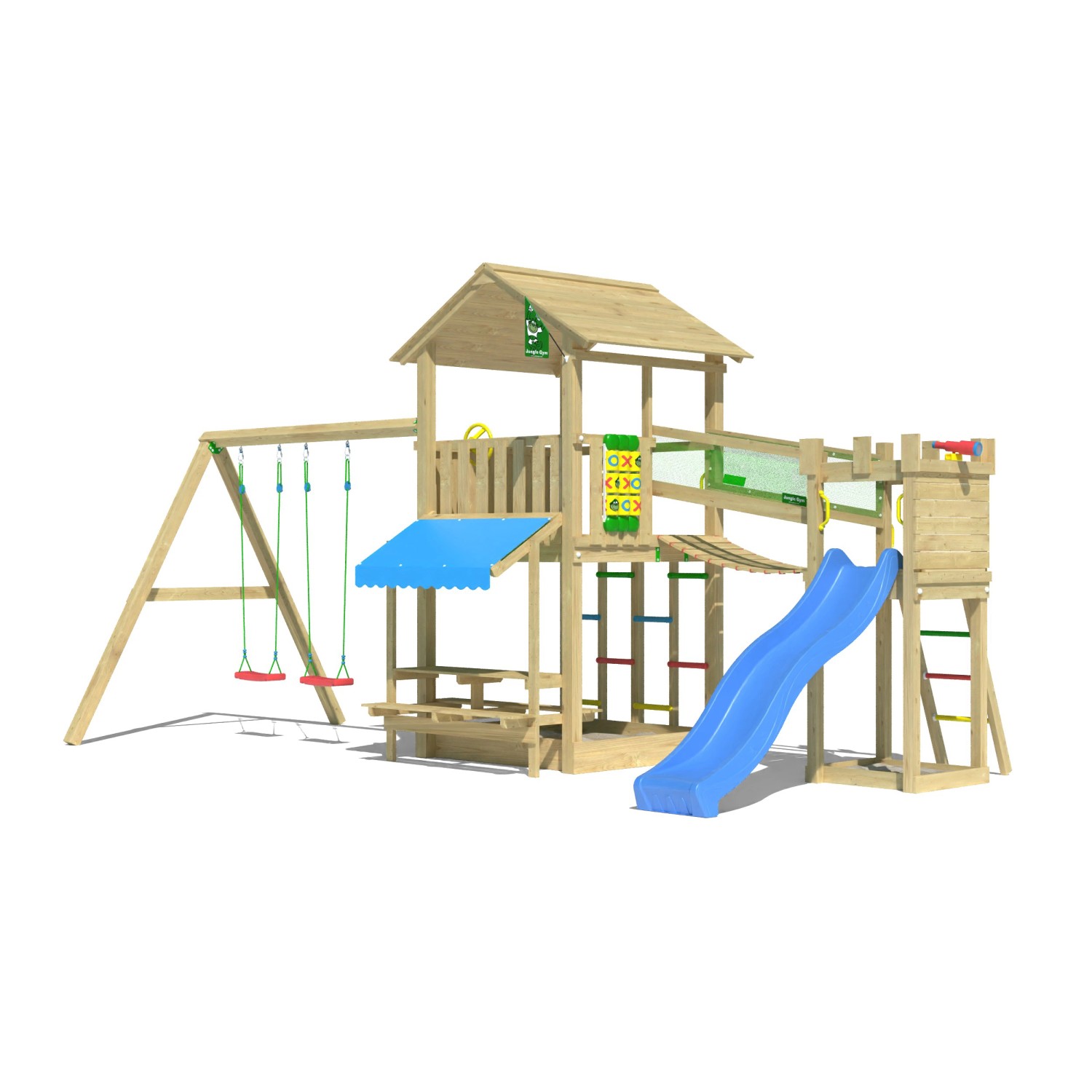 Jungle Gym Spielturm Cascade Holz Picnic m. 2 Schaukeln Brücke Rutsche Blau günstig online kaufen