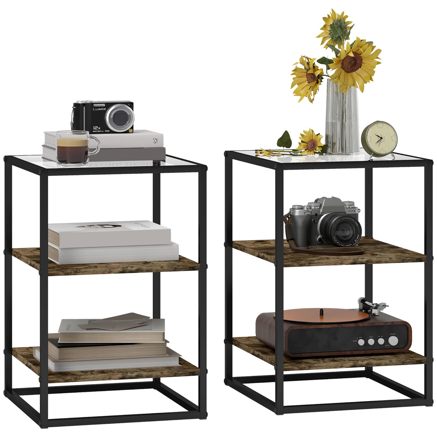 Image of HOMCOM Beistelltisch Set Hartglas Spanplatte Rustikal-Braun 37L x 40B x 55,5H cm