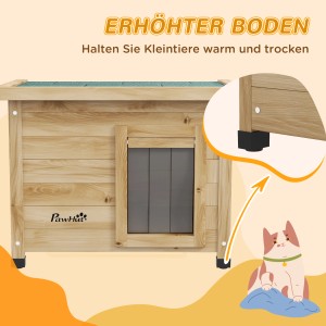 PawHut Katzenhaus aus Holz mit Türvorhang und erhöhtem Design für den Außenbereich.