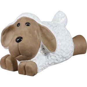 Liegendes Deko-Schaf, 18 cm, aus Keramik für die Gartendekoration.