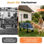 Blauer Sunula Bollerwagen faltbar mit niedriger Ladekante, Hund steigt leicht ein. Vergleich zu hohem Wagen. Camping Zubehör.