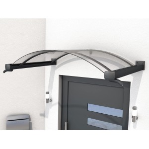 Anthrazitfarbenes Bogenvordach BV/B 160 mit Acrylglas über einer Haustür.