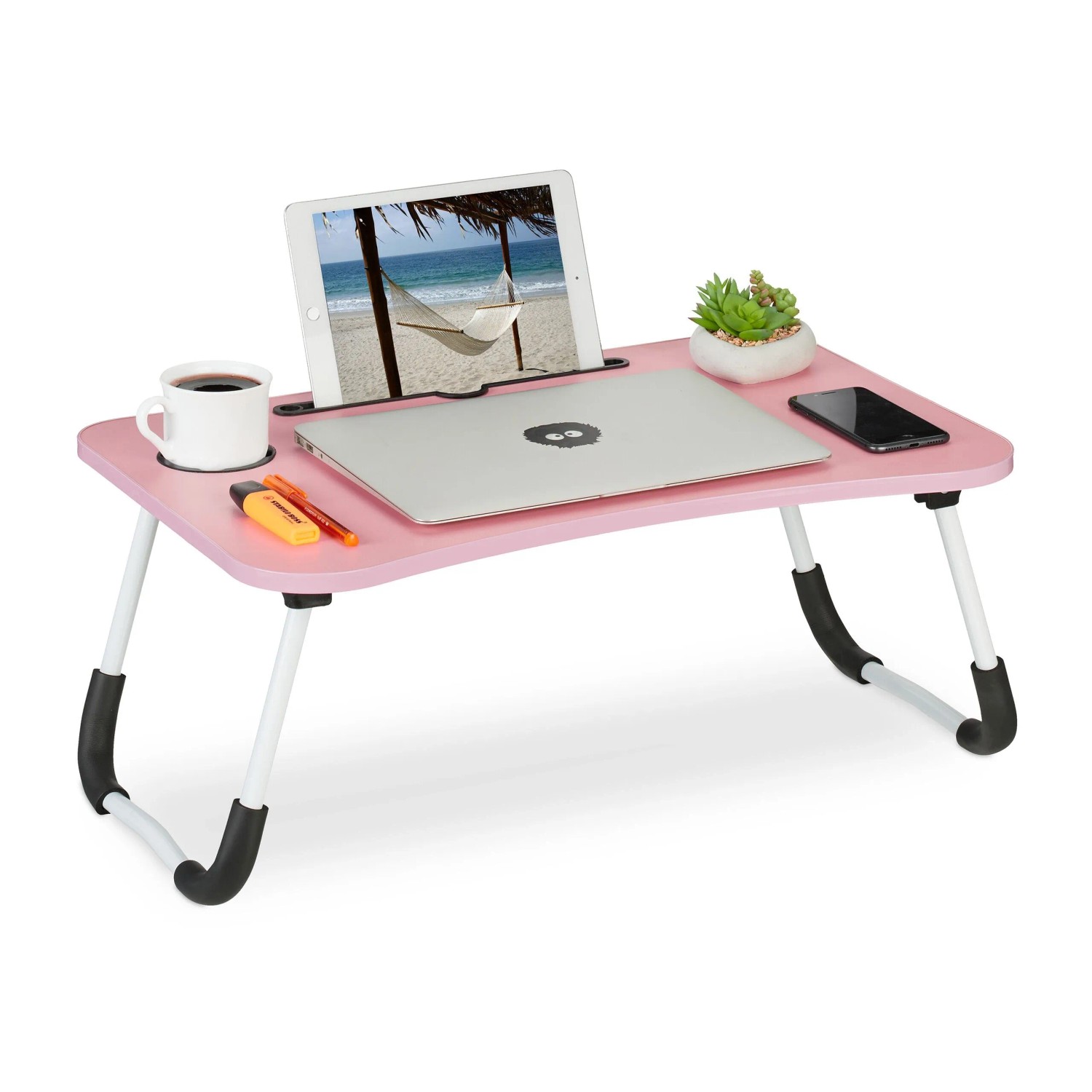 Relaxdays Laptoptisch mit Tablet und Getränkehalter MDF Eisen PP-Kunststoff Rosa Weiß Schwarz Klappbar Rutschfest 26 cm x 63 cm x 40 cm 2 kg