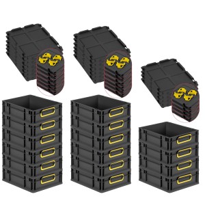 PROREGAL SuperSparSet: 16 schwarze Euroboxen mit gelben Griffen und Auflagedeckel. Ideal zur Aufbewahrung.