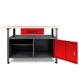 Ondis24 Werkbank Klaus 120 cm rot mit Schublade, Tür und Ablagefächern.