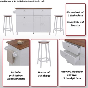 MCW Kücheninsel P62 weiß mit heller Holzplatte, 2 Sitzhockern, 4 Schubladen, 2 Schrankfächern und Handtuchhalter.