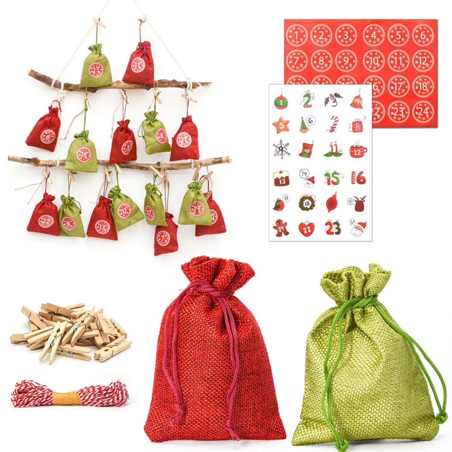 DuneDesign DIY Adventskalender Zum Selbst Befüllen 24 Geschenk-Säckchen Rot