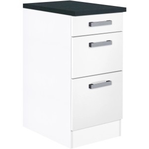 Optifit Unterschrank Salo214, 40 cm breit, mit 3 Auszügen, weiß und anthrazitfarbener Arbeitsplatte.