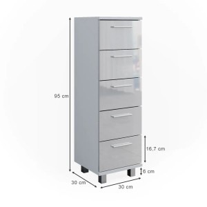 Vicco Badschrank Ilias, weiß hochglanz, 30x95 cm, mit 5 Schubladen. Ideal für Badregale & Badablagen.