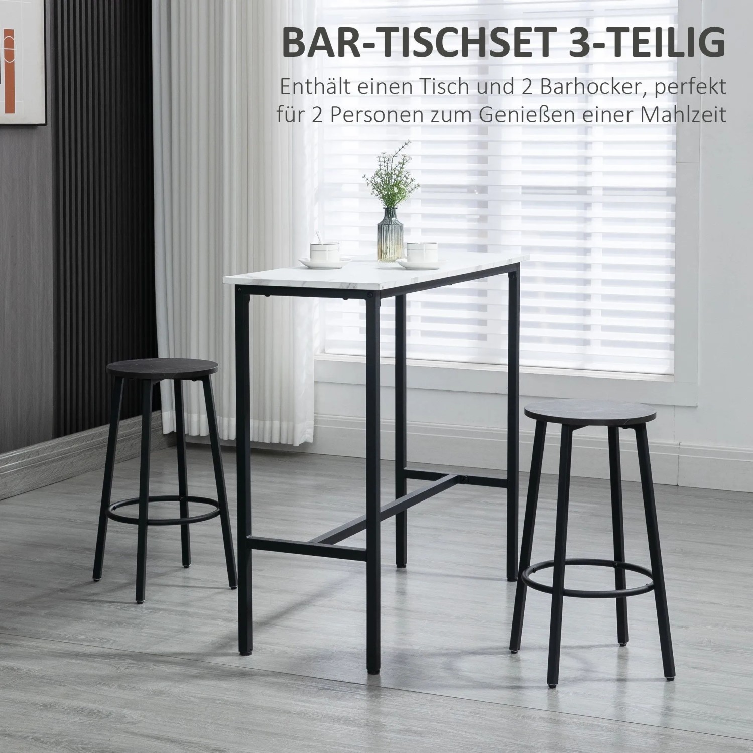 3-teiliges Bartisch-Set HOMCOM: weißer Tisch mit Marmoroptik, schwarzes Stahlgestell, 2 schwarze Barhocker.