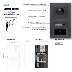 Goliath IP Video Türsprechanlage mit Kamera, 7 Zoll, Weiß/Anthrazit, RFID, Außenstation, Montage-Details.