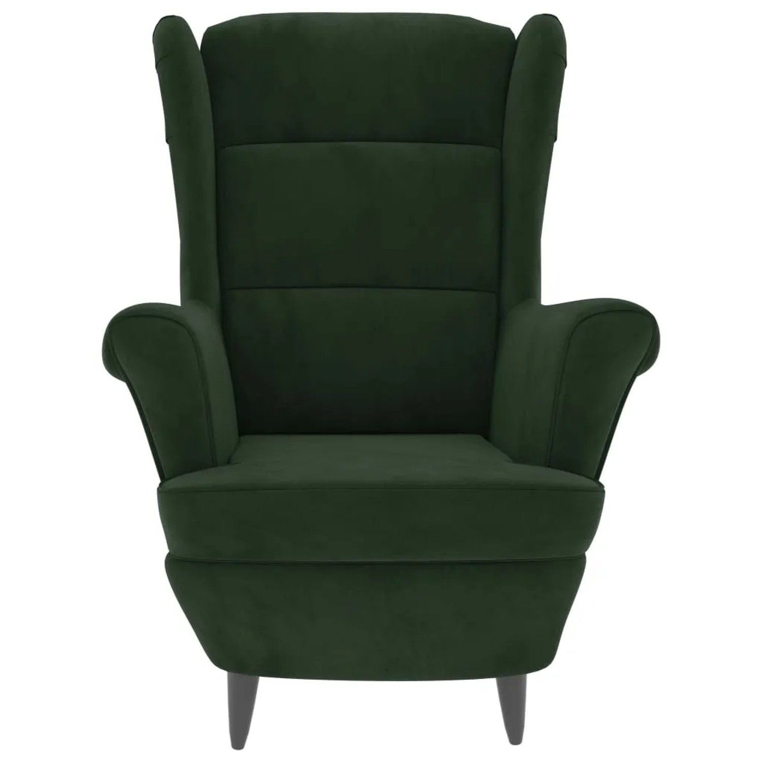 Dunkelgrüner Ohrensessel mit Hocker, Samtbezug, klassisches Design für Wohnzimmer oder Arbeitszimmer.
