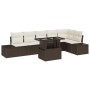 Braunes 7-teiliges Garten-Sofa-Set aus Polyrattan mit Tisch und Auflagen.
