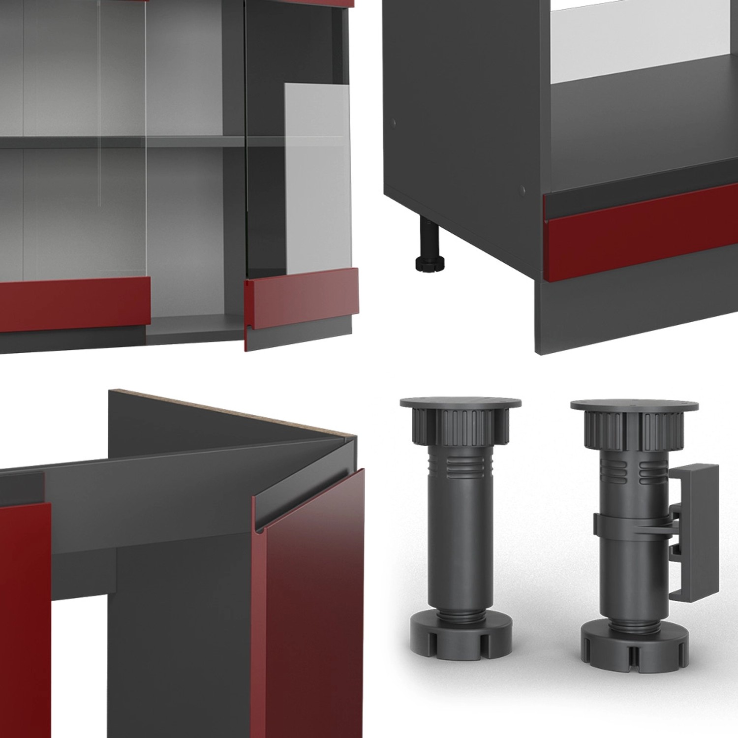 Details der Vicco R-Line Eckküche in Rot/Anthrazit: Schrank, Füße und Glaselemente.