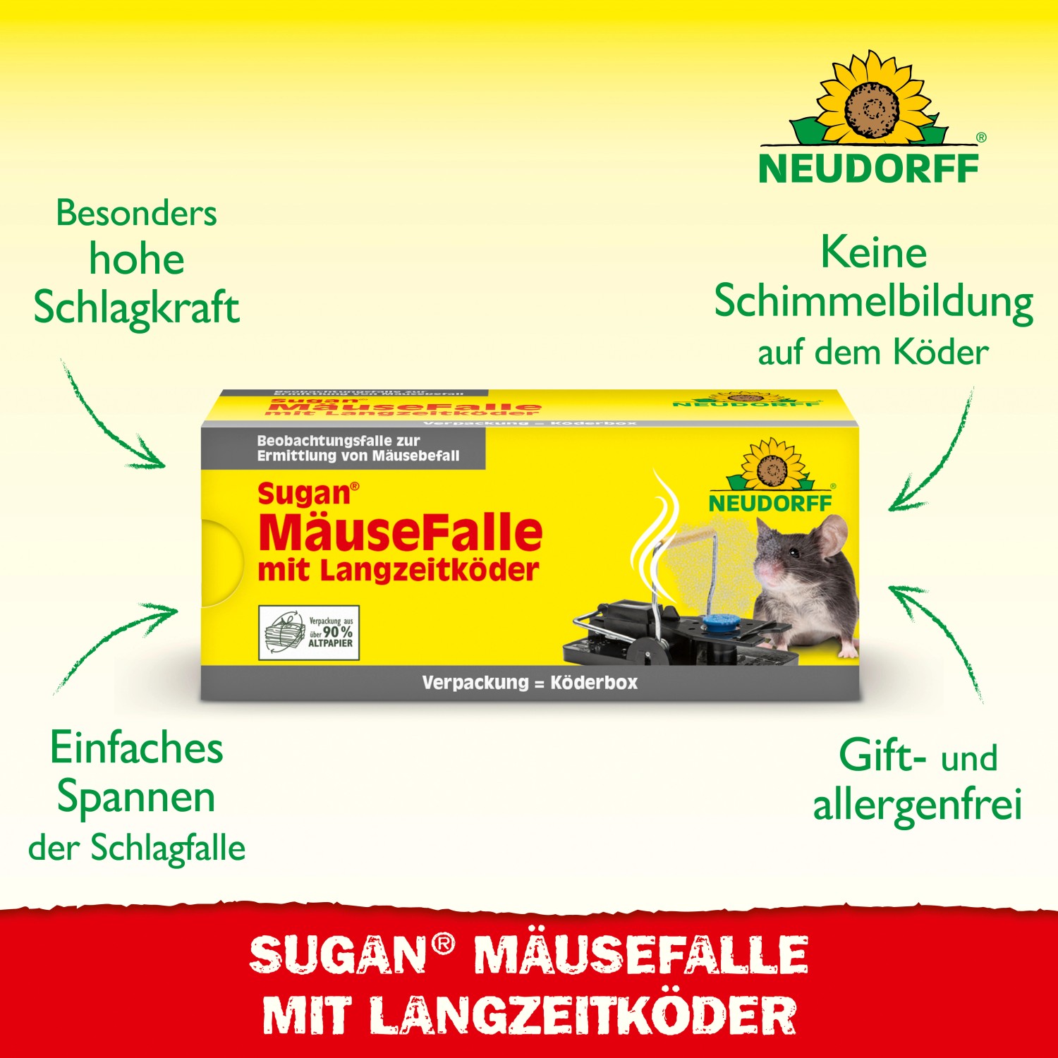Neudorff Sugan Mäusefalle mit Langzeitköder, gelbe Verpackung mit Mäusebild.