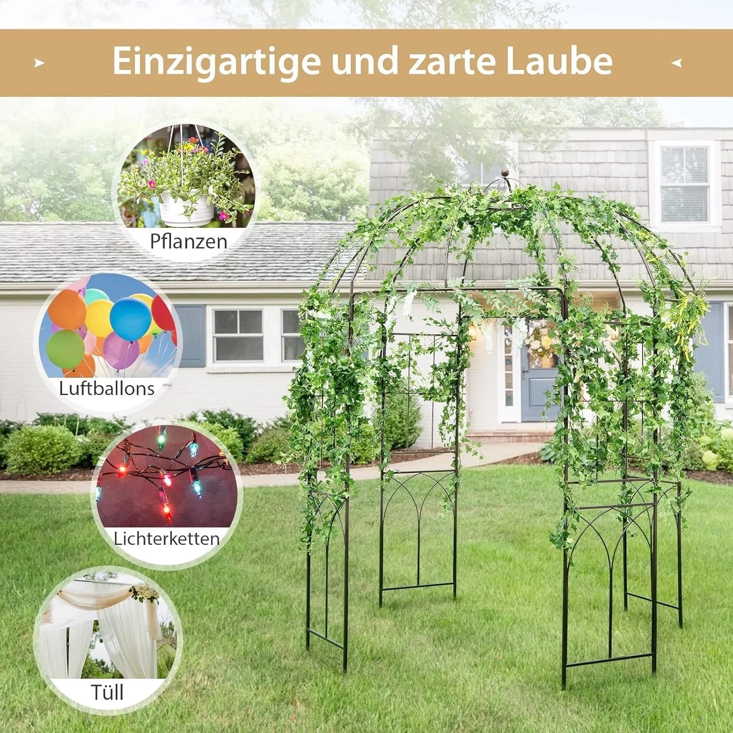 Costway Rosenbogen aus Metall, ideal als Rankgitter und Gartendeko, 211x211x256cm.