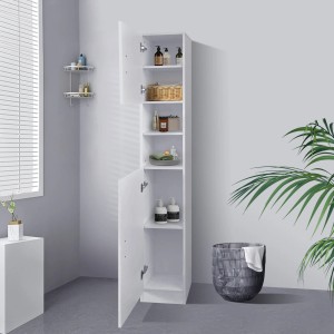 ML-Design Badezimmerschrank, weißer Hochschrank mit offenen Türen und Regalfächern.