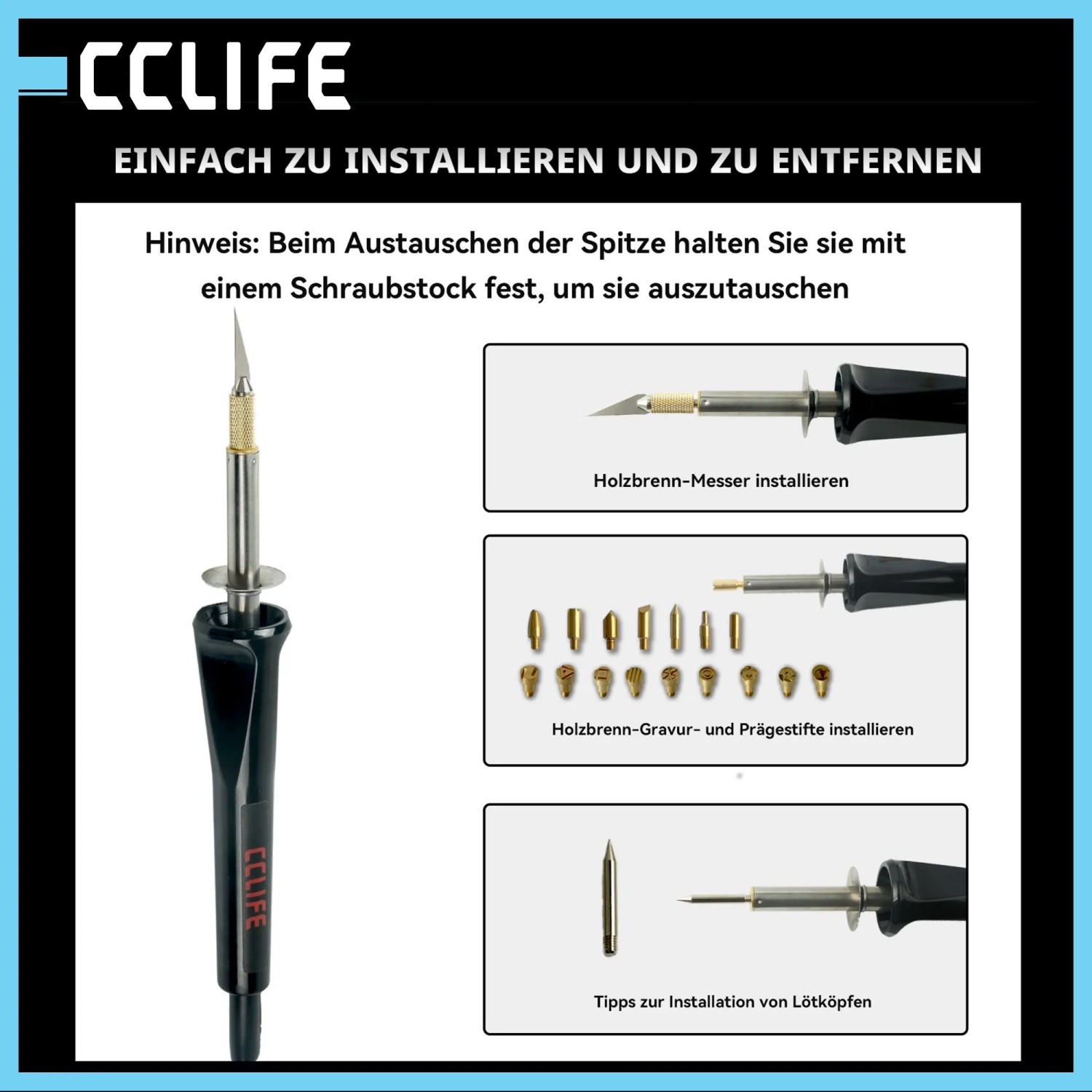 CCLIFE Brandmal Lötkolben Set: Anleitung zur Installation der 22 wechselbaren Spitzen für Holzmalerei und Gravur. 30W.