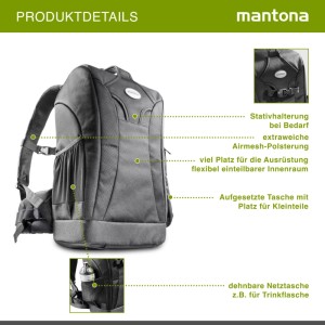 Mantona Trekking Fotorucksack in Dunkelgrau mit Airmesh-Polsterung, Stativhalterung und flexibler Innenaufteilung.