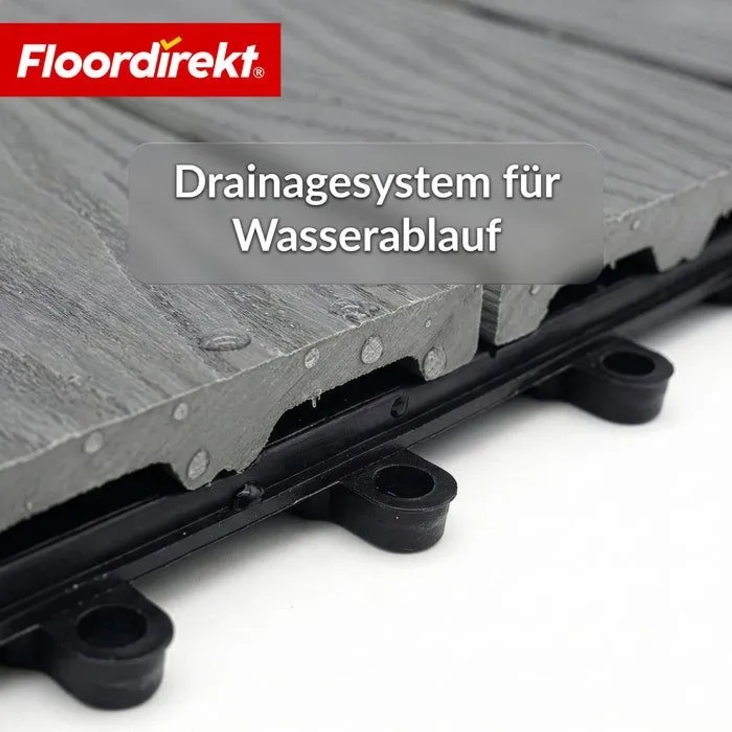 Graue Floordirekt WPC Klickfliese Noble 3D mit Drainage für Terrasse und Balkon.