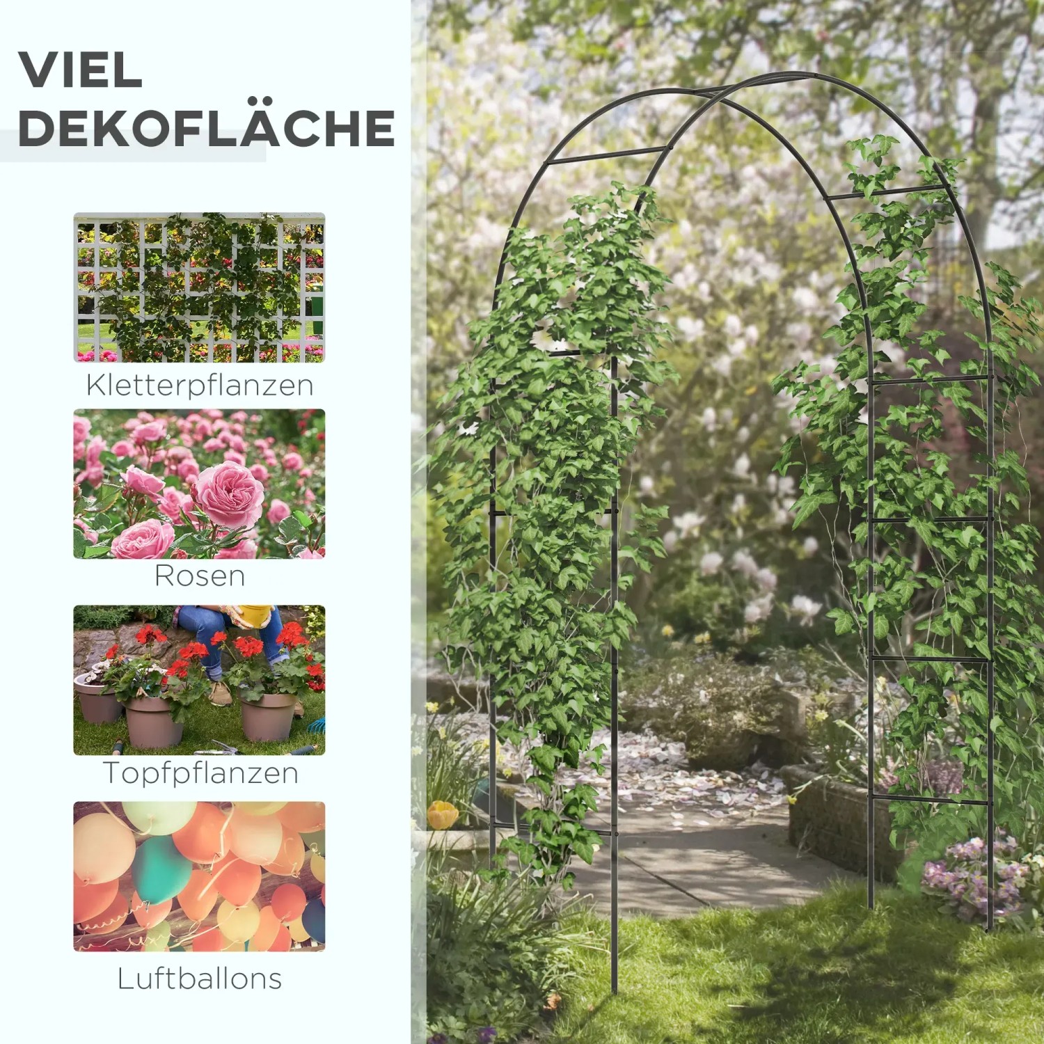Schwarzer Outsunny Rosenbogen aus Metall mit Kletterpflanzen als Gartendeko.