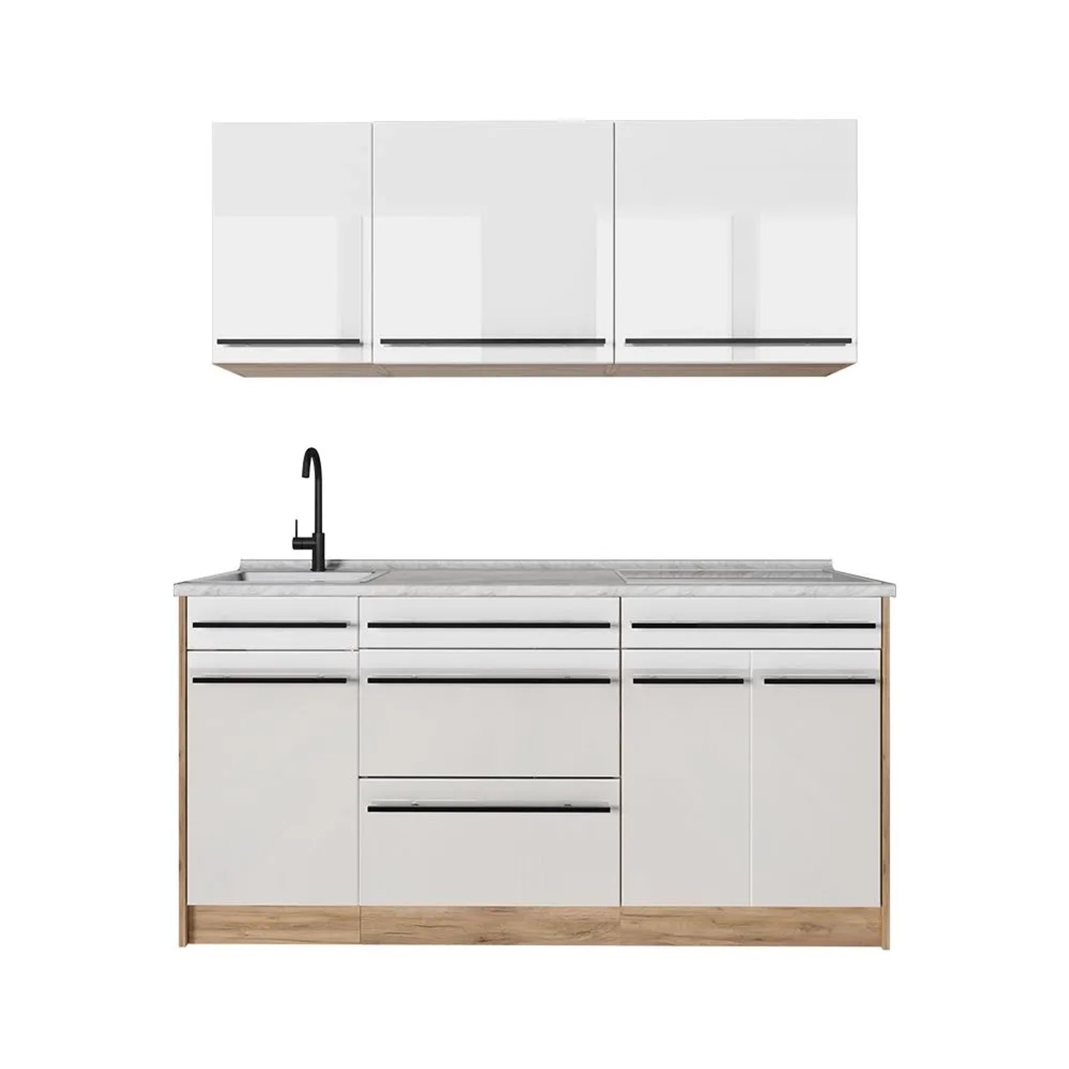 Vicco Singleküche R-Line Weiß Hochglanz/Goldkraft Eiche 160 x 82 Arbeitsplatte Marmor Art Nr 66172