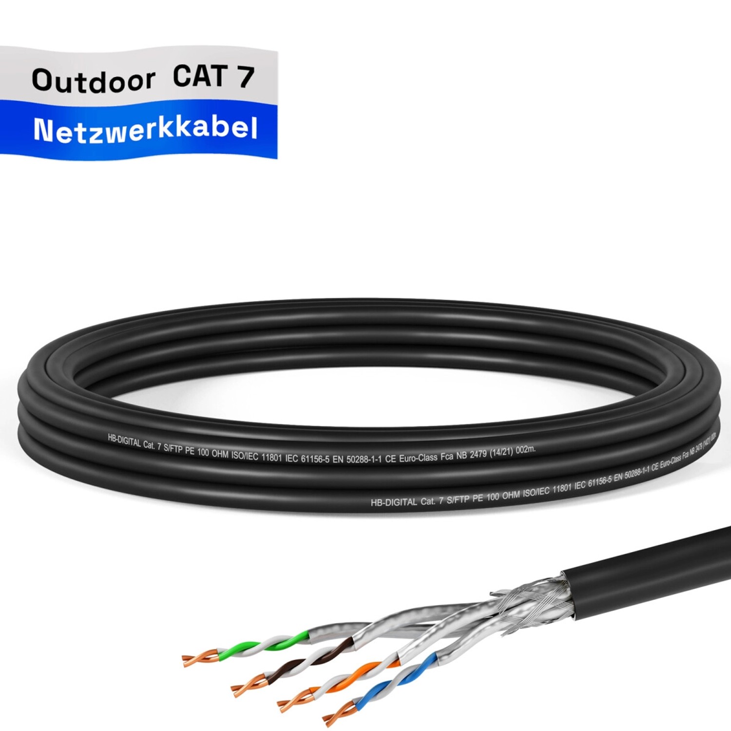 hb-digital CAT 7 Kabel für Außenbereich LAN Datenkabel max. 1000 MHz S/FTP PE AWG23 5m schwarz